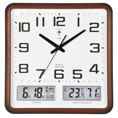 北極星/POLARIS 6825 鐘表 掛鐘客廳石英鐘萬年歷鐘表簡約掛表創意日歷14英寸辦公室時鐘 木紋普通款